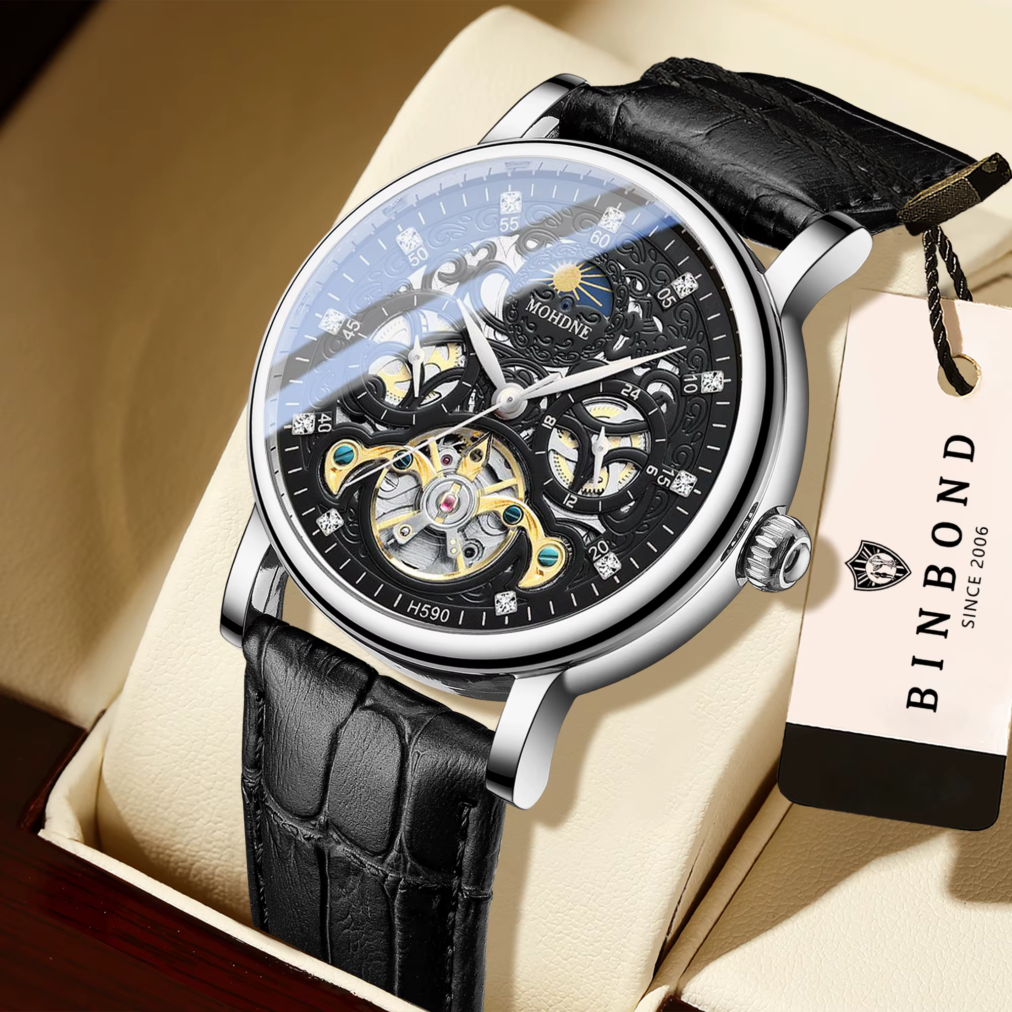 Montres mécaniques de luxe BINBOND pour hommes, squelette lumineux, étanches, automatiques, tourbillon, montre homme décontractée, Reloj