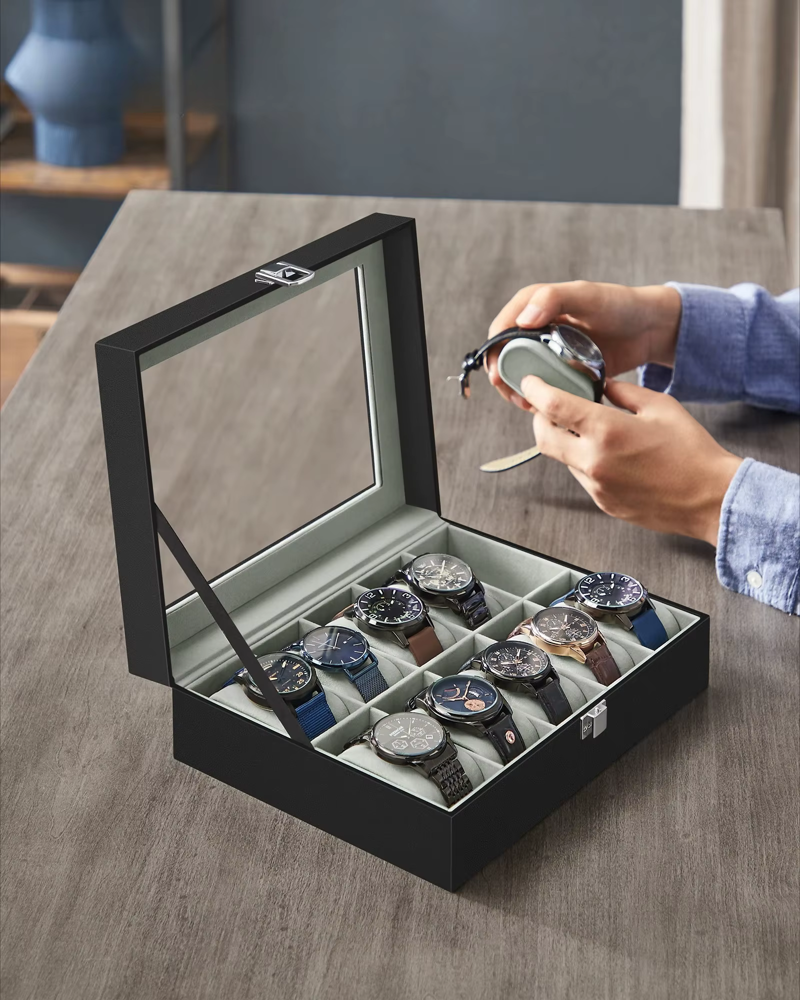Boîte de présentation de montres à 10 compartiments avec couvercle en verre transparent