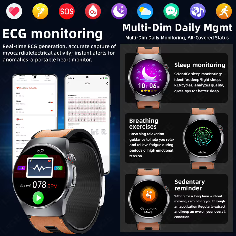 Montre connectée LIGE avec pompe à air et airbag pour la mesure de la pression artérielle, moniteur de santé multidimensionnel, examen physique microscopique, ECG+PPG