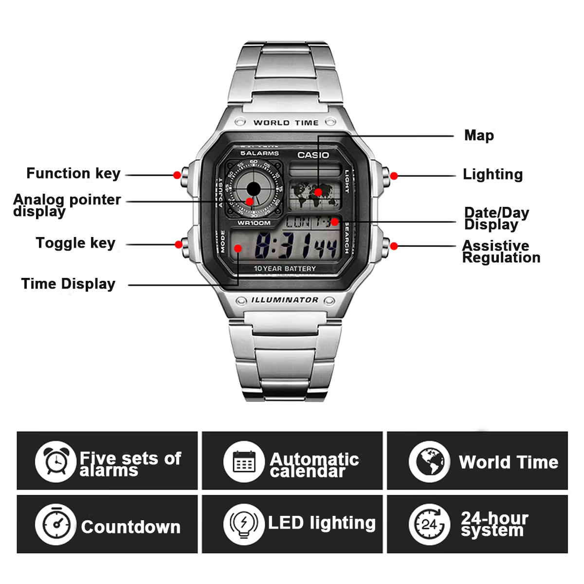 Série Casio AE1200WH | Montre numérique pour homme | 100M WR | Alarmes multiples | Chronomètre 100 secondes | Minuterie