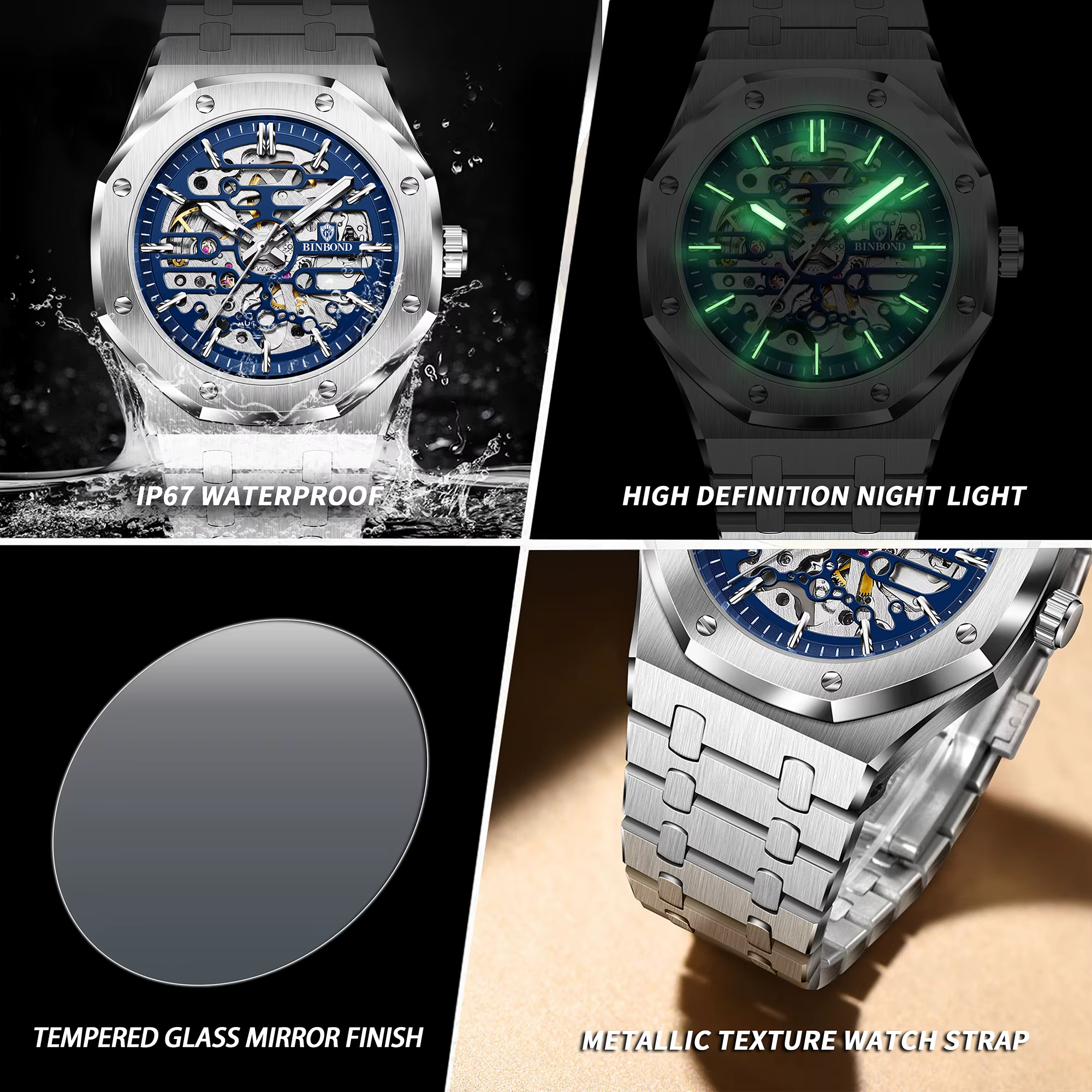 Montres mécaniques squelette précises BINBOND pour hommes