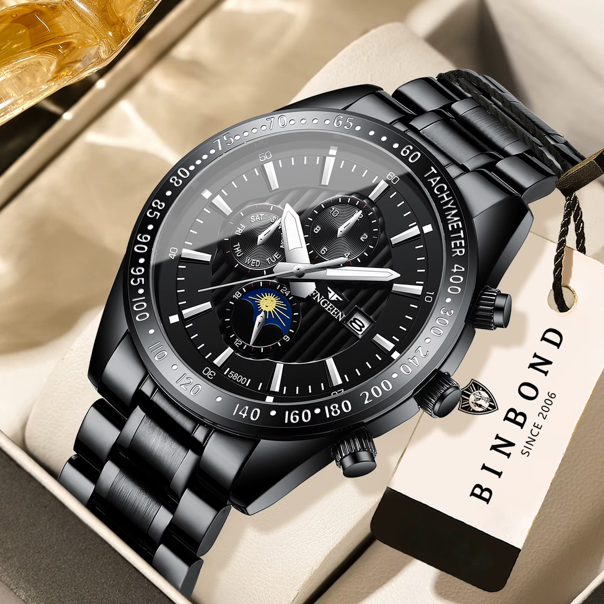 Montres-bracelets en quartz authentiques BINBOND pour hommes
