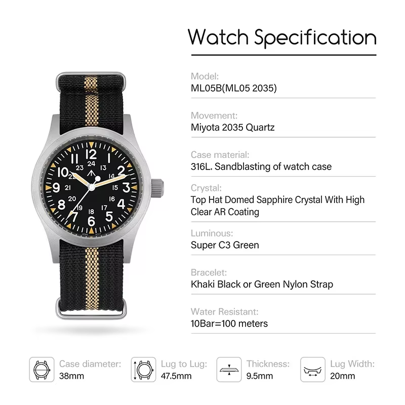 Militado ML05 38mm montre militaire mis5 2035 mouvement bombé saphir cristal C3 vert lumineux 10Bar étanche montres Vintage