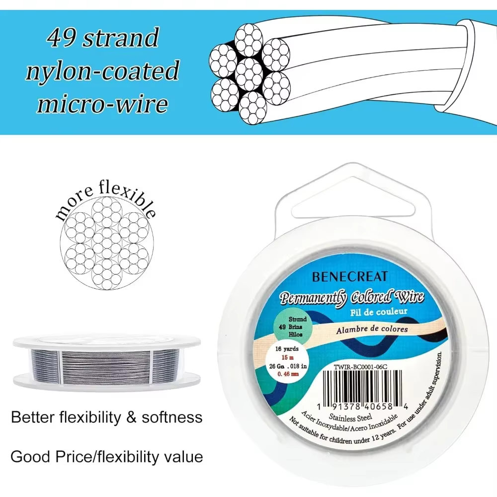 Fil de perles en acier inoxydable enduit de nylon, 49 brins, 0.46mm, 49 pieds, pour collier, bracelet exécutif, gris