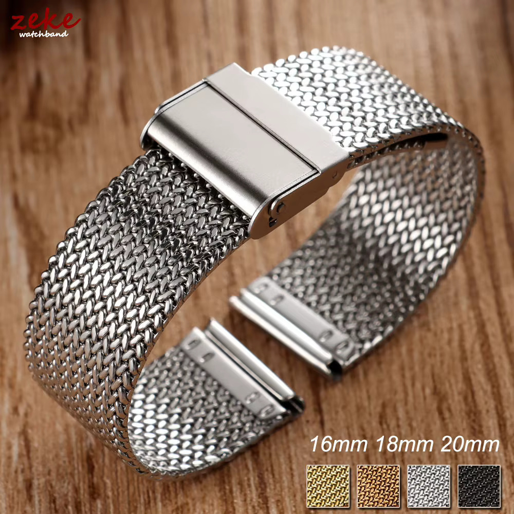 Bracelet en maille milanaise pour montre connectée, en acier inoxydable, avec boucle pliante DW, 16mm, 18mm, 20mm, bracelet universel pour Seiko