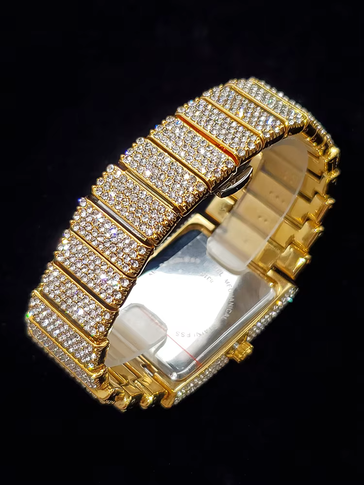 Montres pour hommes en or cadran rectangulaire de luxe diamant mode grandes