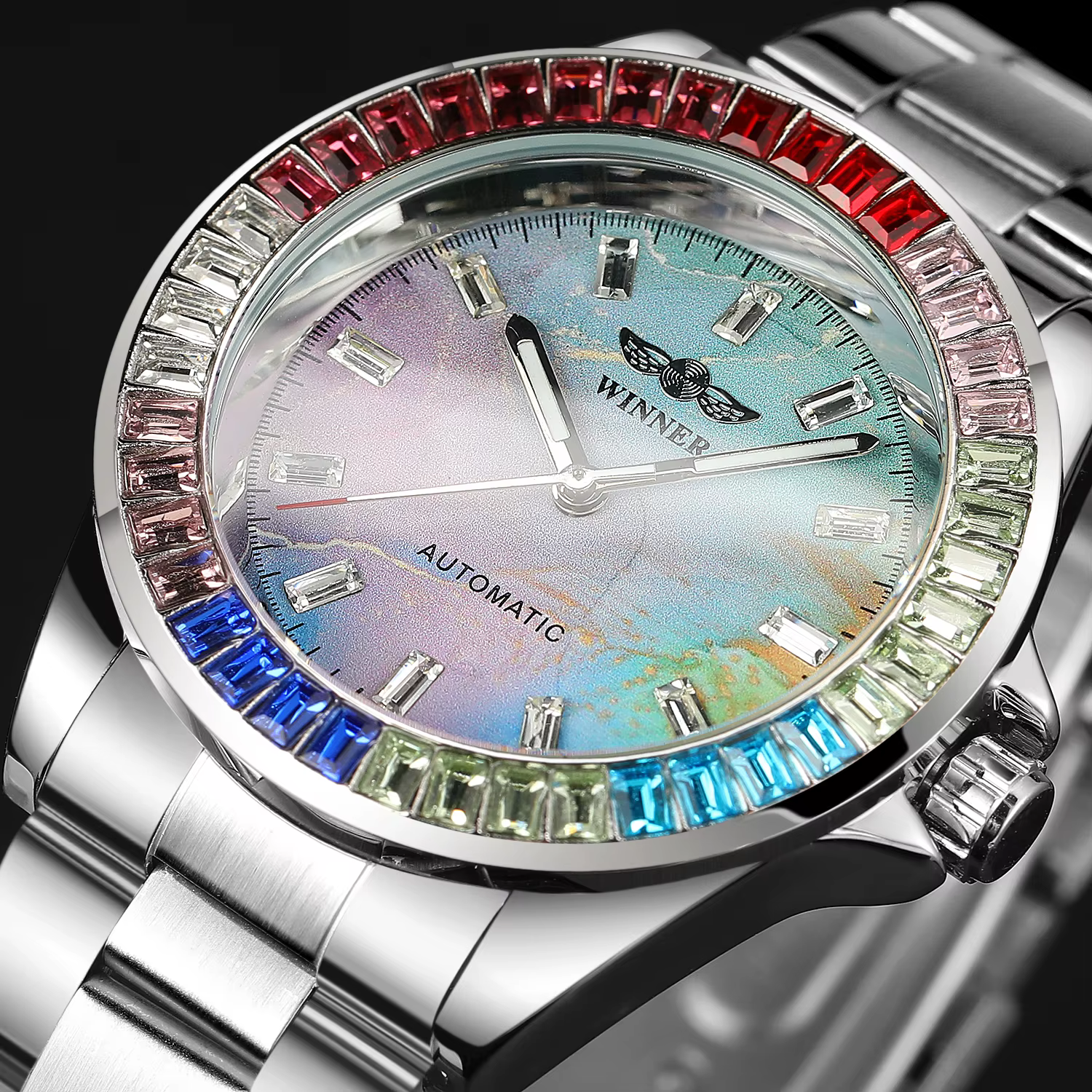 2024WINNER Original diamants colorés mécanique étanche montre pour hommes mouvement automatique en acier inoxydable montres de luxe