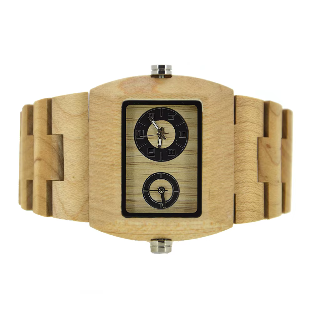Montre Bracelet Homme en Bois Cadran Carré Rectangulaire Double Affichage Heure Quartz Style Professionnel Décontracté