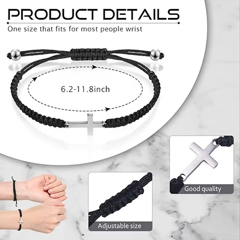 2 pièces Bracelet croix d'amitié corde noire Bracelet tressé croix fait à la main correspondant Couple Bracelets pour femme hommes