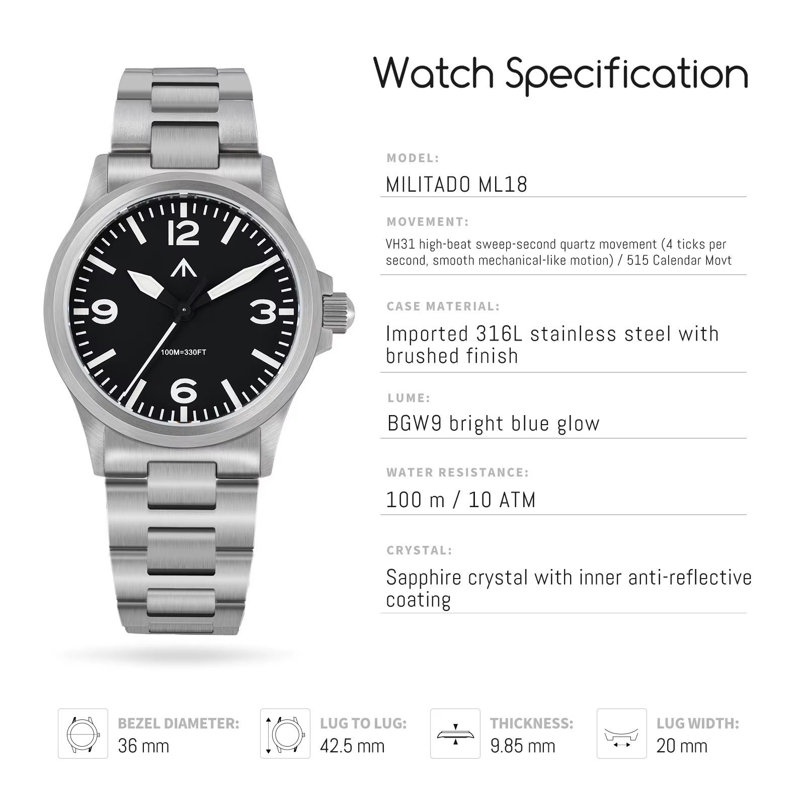 MILITADO ML18 36mm montre VH31 balayage deuxième mouvement à Quartz 316L acier saphir BGW9 Lume 100M étanche montre-bracelet pour hommes