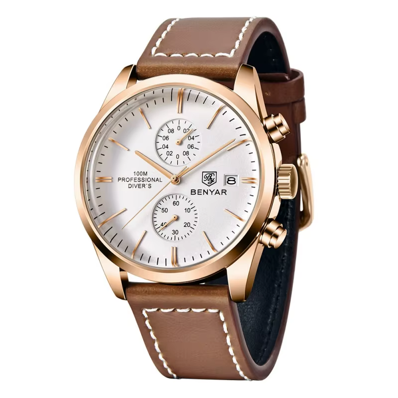 BENYAR 5187 classique Simple montre à Quartz pour hommes marque de luxe 100M étanche calendrier militaire sport chronographe bracelet en cuir