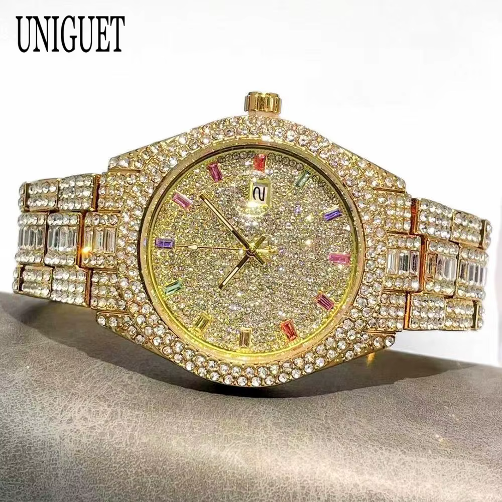 UNIGUET mode montre de glace pour hommes de luxe argent Quartz horloge Hip Hop couleur diamant bijoux montre-bracelet homme Reloj Hombre