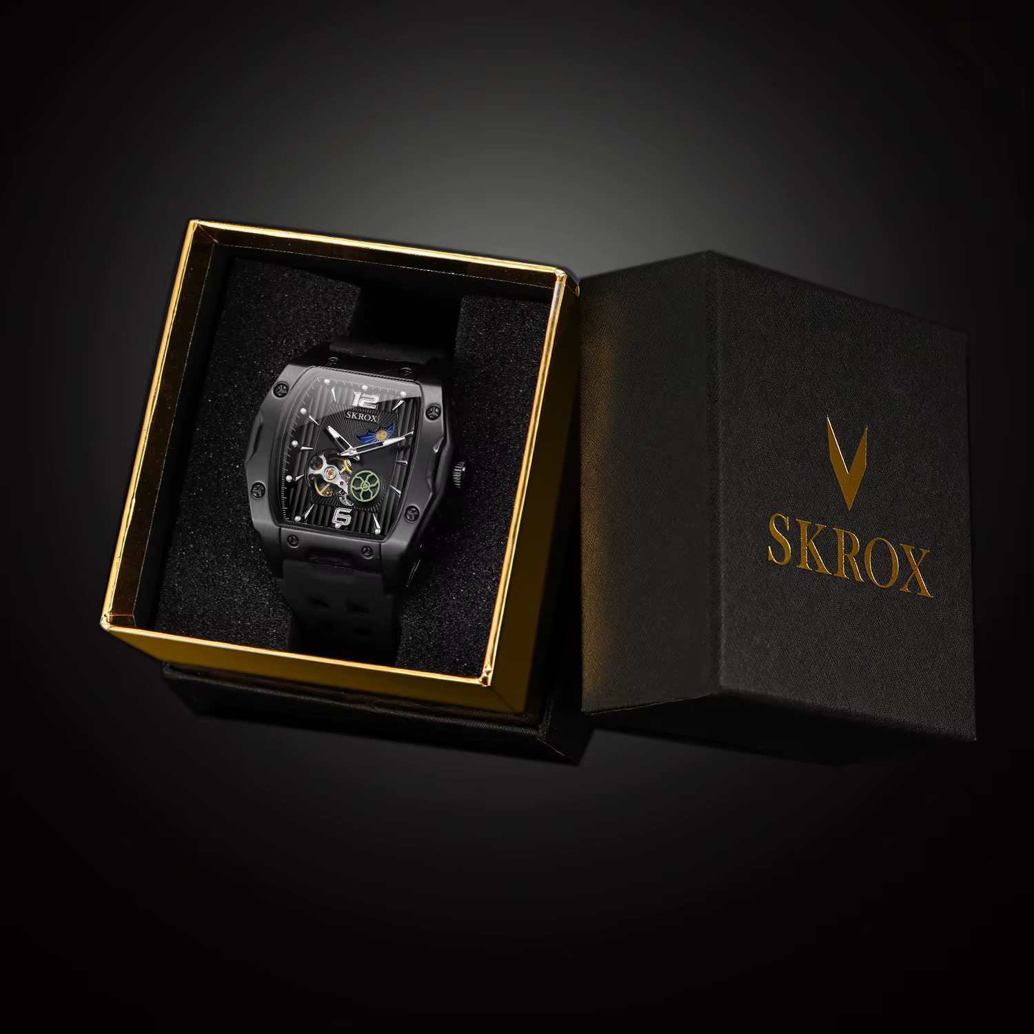 SKROX Designer luxe Phase de lune Toubillon mouvement automatique horloge mécanique haute qualité étanche Silicone montres pour hommes