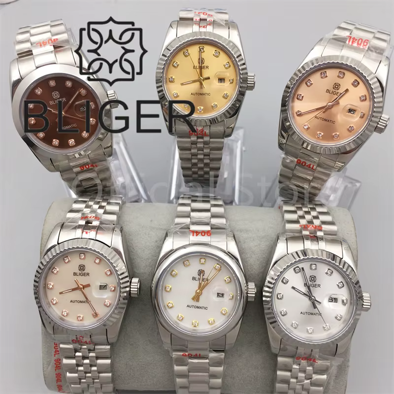 BLIGER 31m montre pour femme verre saphir or Rose marron blanc cadran nacre avec argent or diamant Index étanche Date