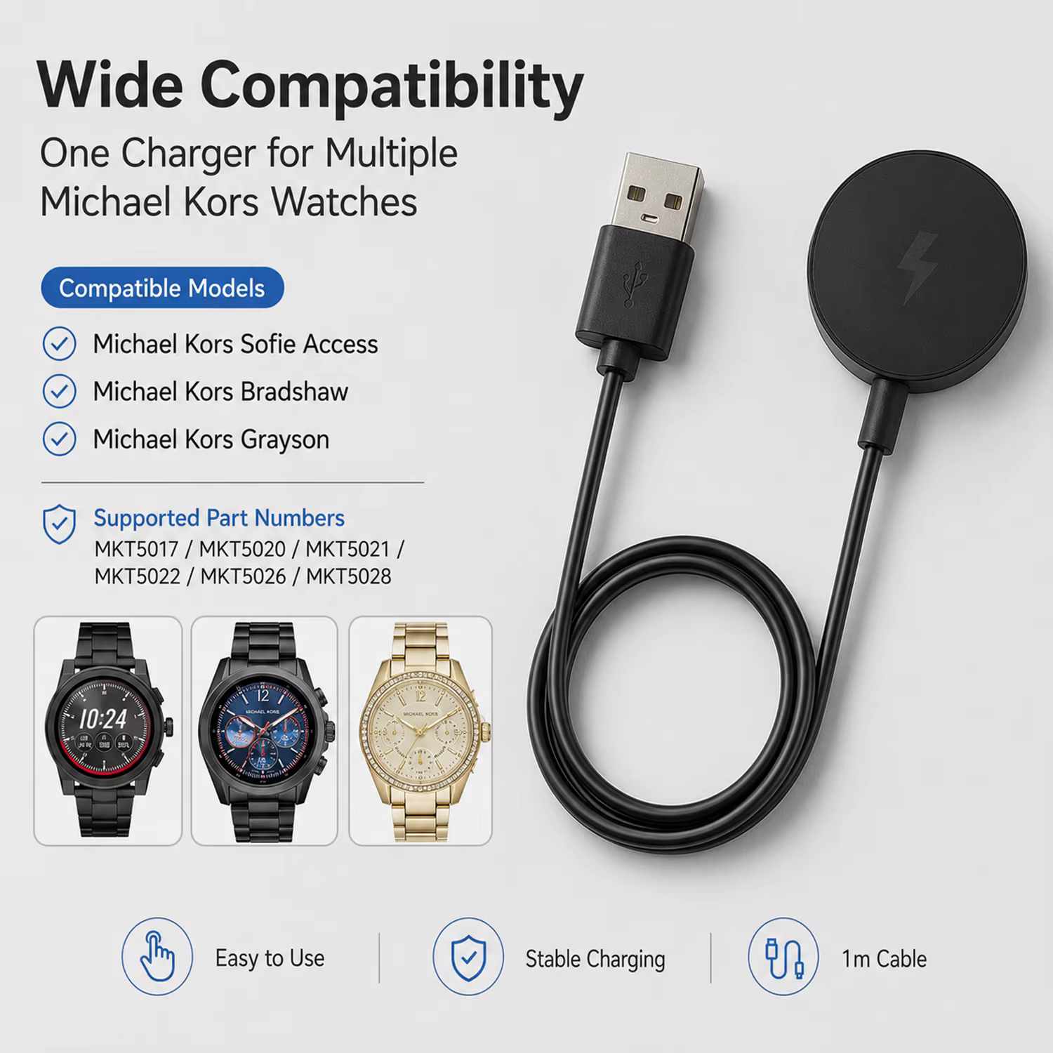 Câble de chargeur pour Michael Kors MKT5017 MKT5020 MKT5021 MKT5022 MKT5026 MKT5028 - Station de charge magnétique sans fil pour montre intelligente