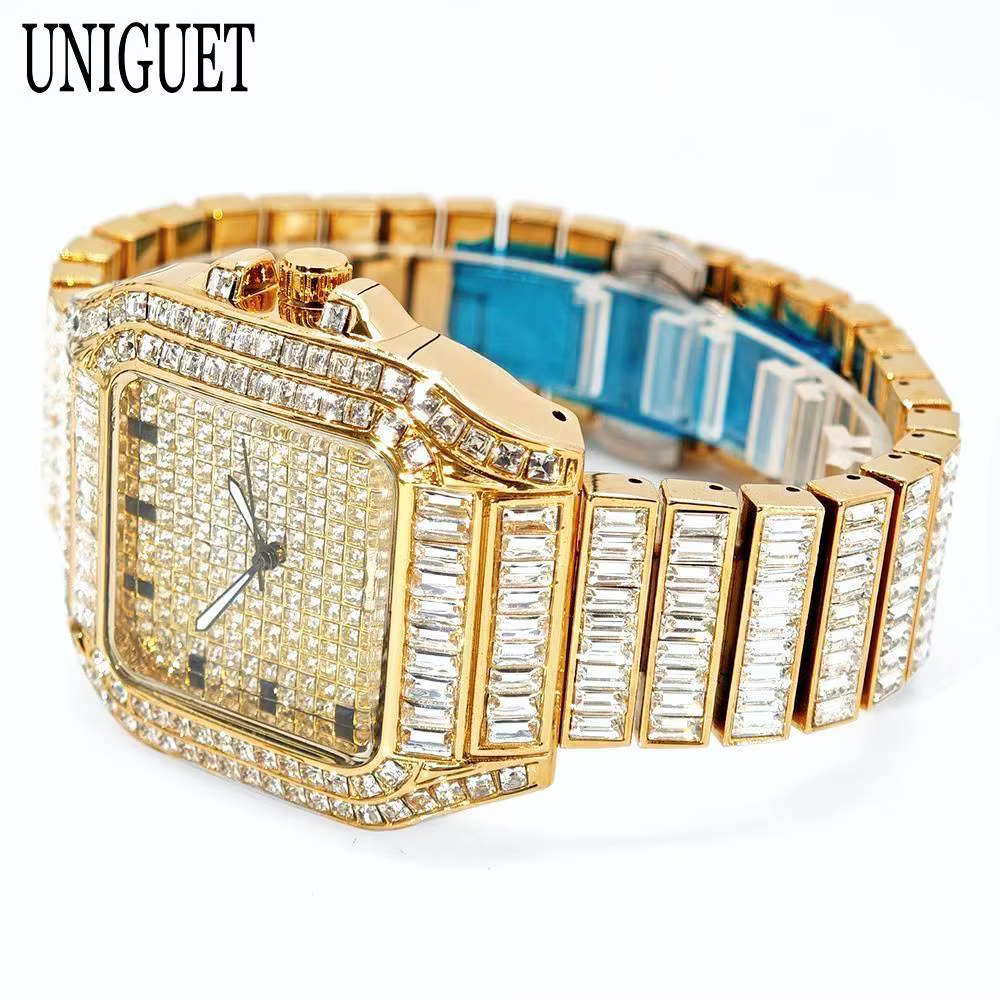 Montre en or de luxe pour hommes marque de mode UNIGUET Hip Hop pleine Baguette diamant bijoux Quartz montre-bracelet Mans Relogio Masculino