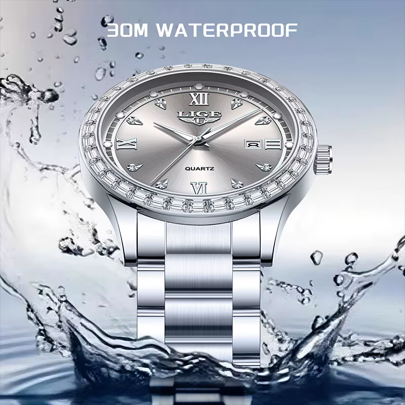 LIGE montre pour femme élégante mode horloge étanche lumineuse en acier inoxydable