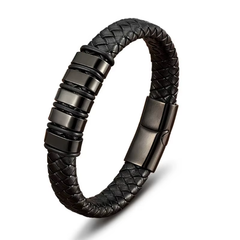 Bracelet pour homme en cuir noir tressé de luxe
