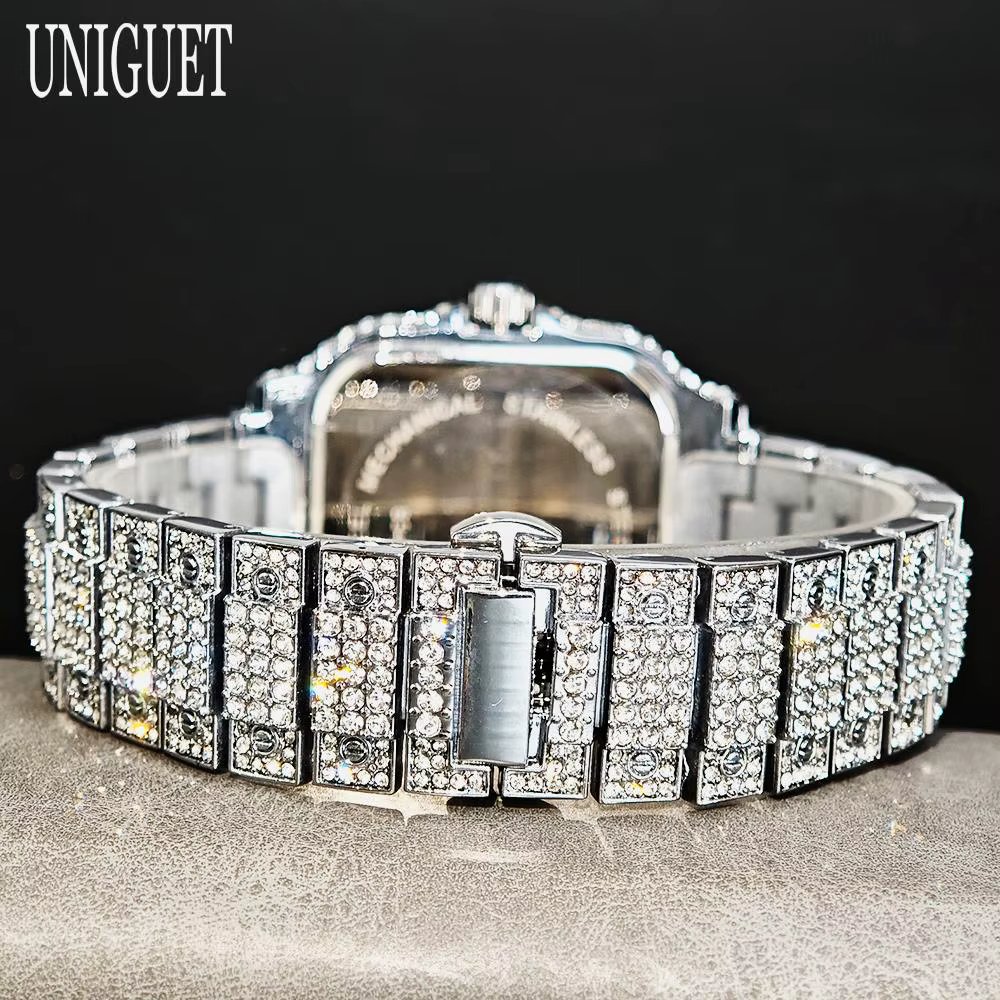 UNIGUET offre spéciale montre glacée de luxe pour homme mode montres carrées hommes Hip Hop diamant Bling bijoux montre-bracelet Reloj Hombre