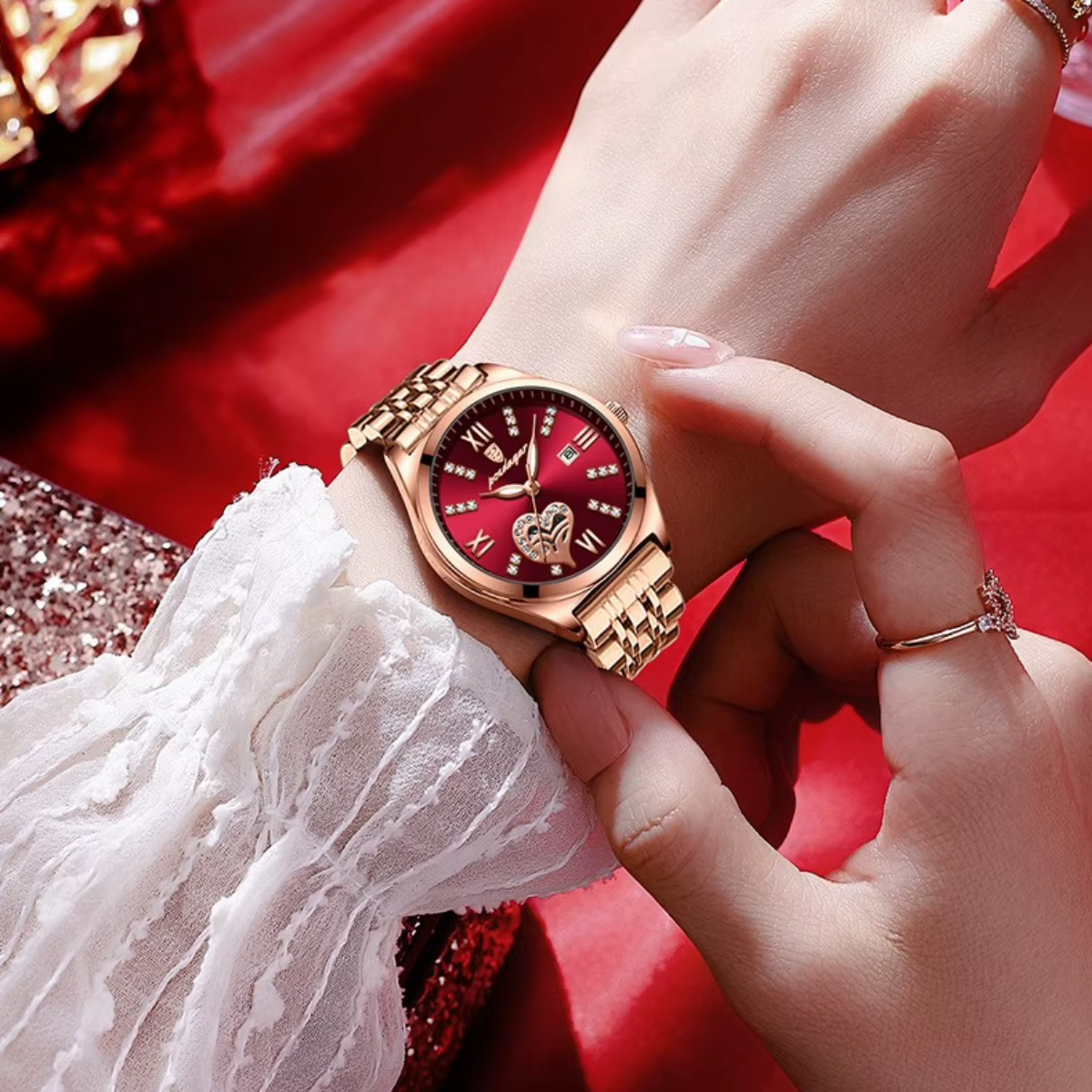 Romantique vin rouge Montre en acier inoxydable conception lumineuse dames horloge décontracté femmes Montre-bracelet