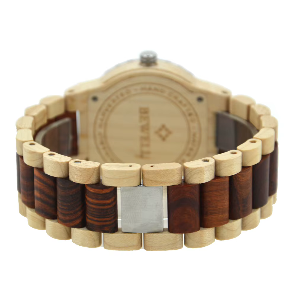 Montre Bracelet Homme en Bois Cadran Rond Faite Main Légère Date Lumineuse Quartz pour Port Quotidien Décontracté