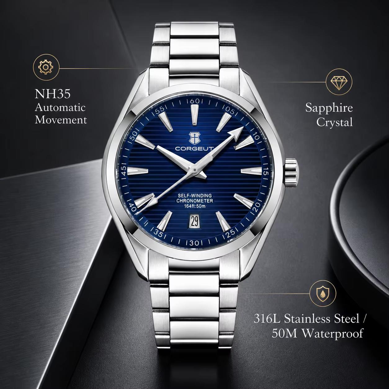 CORGEUT NH35 montre automatique pour hommes