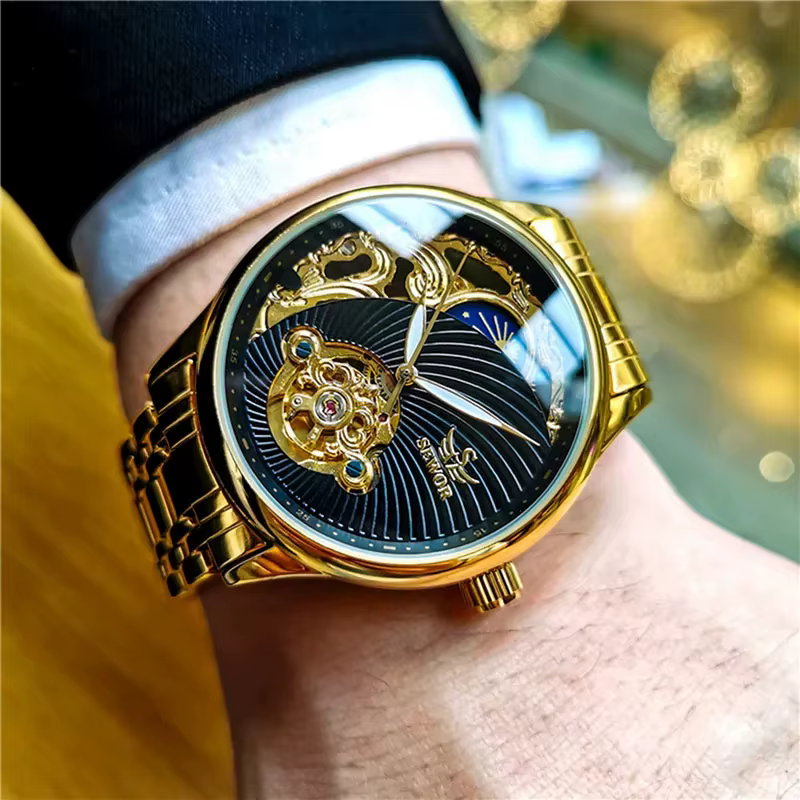 AOKULASIC or squelette montre pour hommes rétro Phase de lune Tourbillon automatique montres mécaniques de luxe en acier inoxydable bande lumineuse