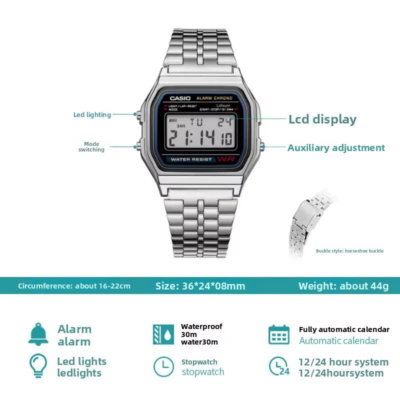 Montre de sport multifonctionnelle carrée classique rétro Casio A158WA-1D