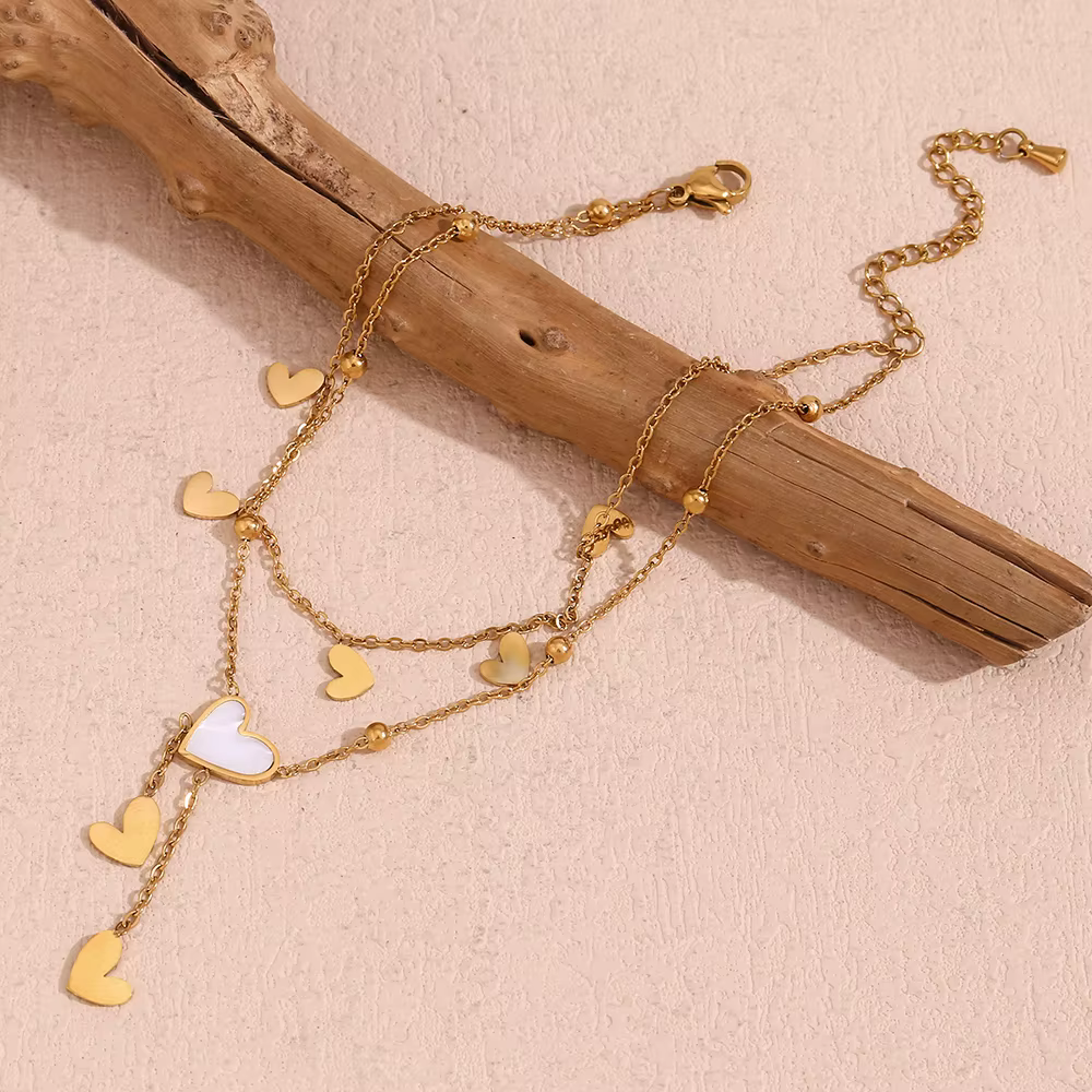 E.B.belle-Bracelet de cheville double couche en forme de cœur pour femme, bracelet de cheville pompon blanc et beige, plaqué or 18 carats, acier inoxydable SION L