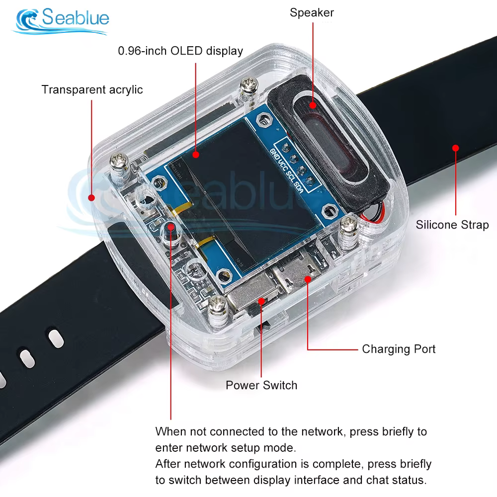 Xiaozhi AI montre vocale intelligente avec écran OLED 0.96 "Dialogue vocal AI Intelligent Kit de bricolage ESP32S3N16R8 Module bracelet en Silicone