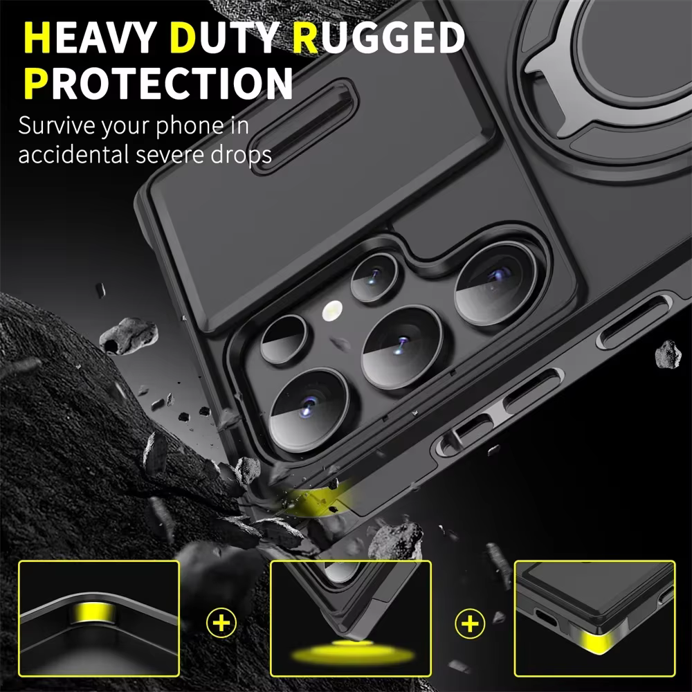 Étui magnétique antichoc avec support pour Samsung S26 S25 S24 S22 S21 S23 S20 Ultra Plus FE Edge, protection coulissante de l'appareil photo