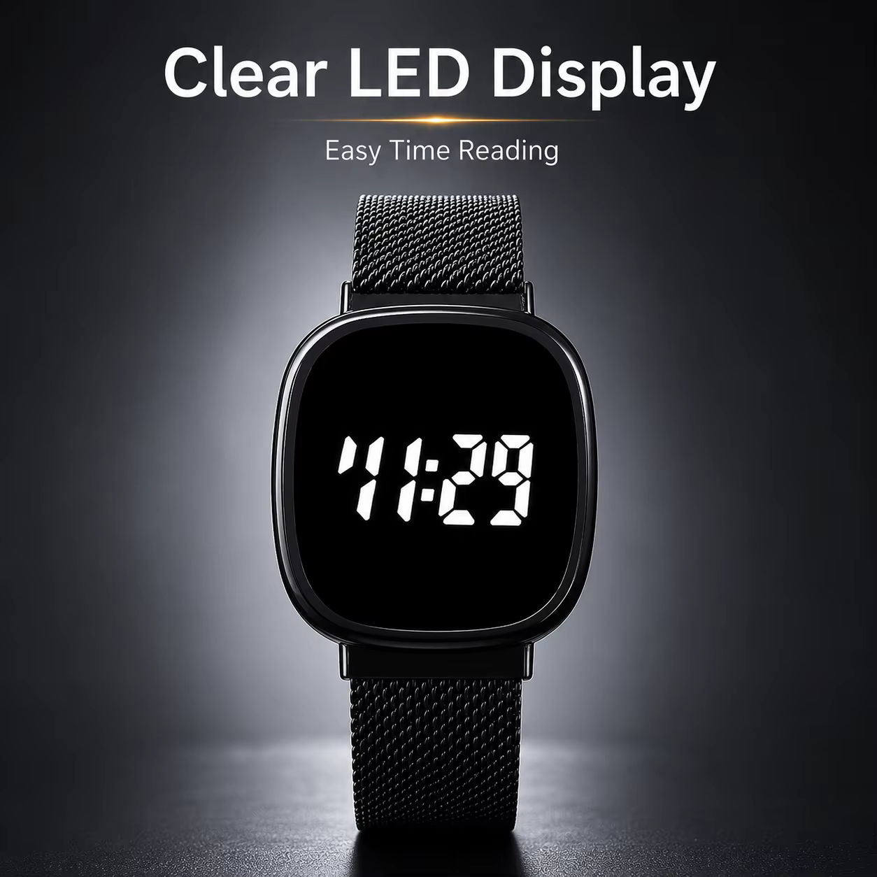 Montre à bracelet en maille métallique avec affichage numérique LED, montre-bracelet électronique carrée arrondie unisexe.