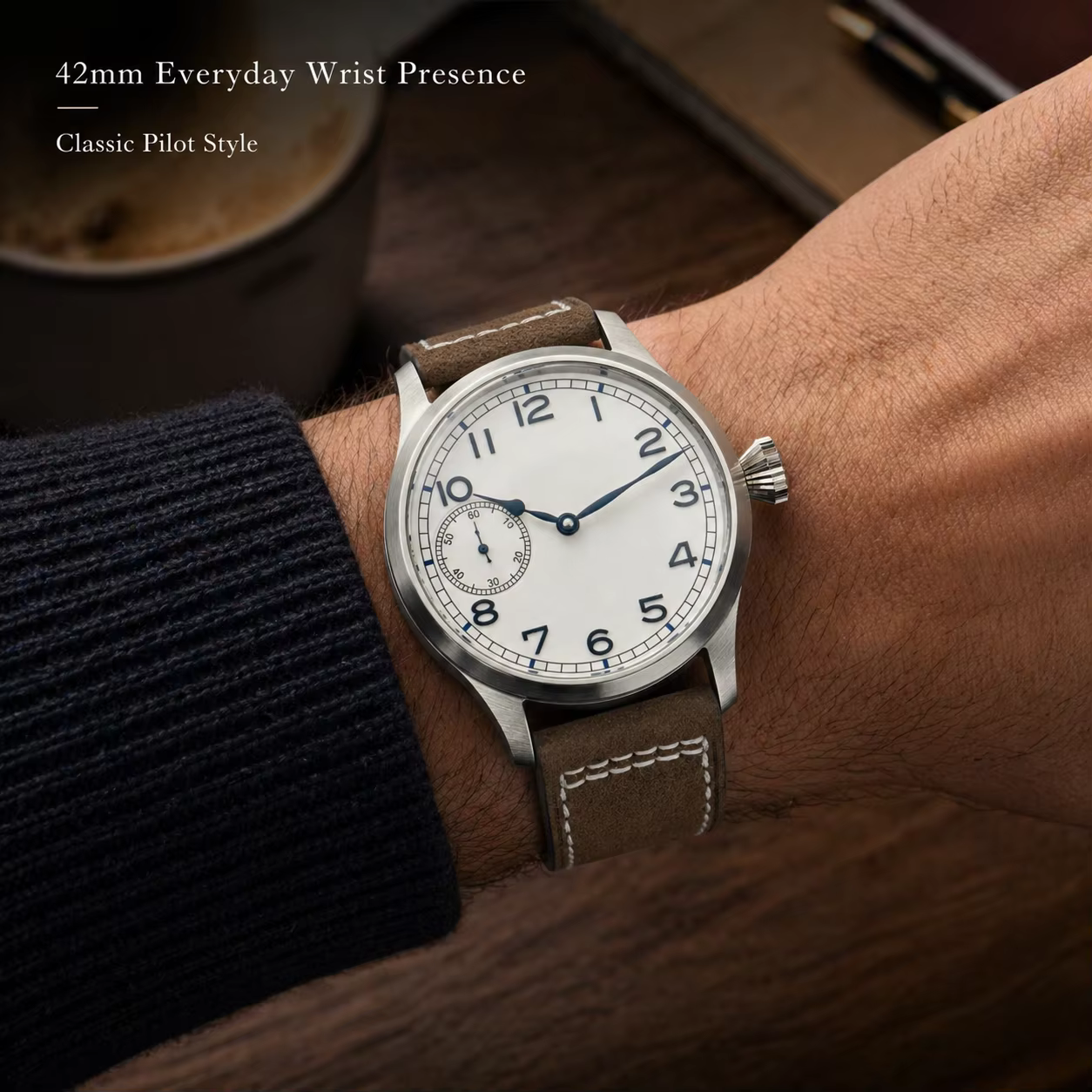 Montre pilote Corgeut 42 mm pour homme, mécanique à remontage manuel ST3600, saphir, bracelet en cuir