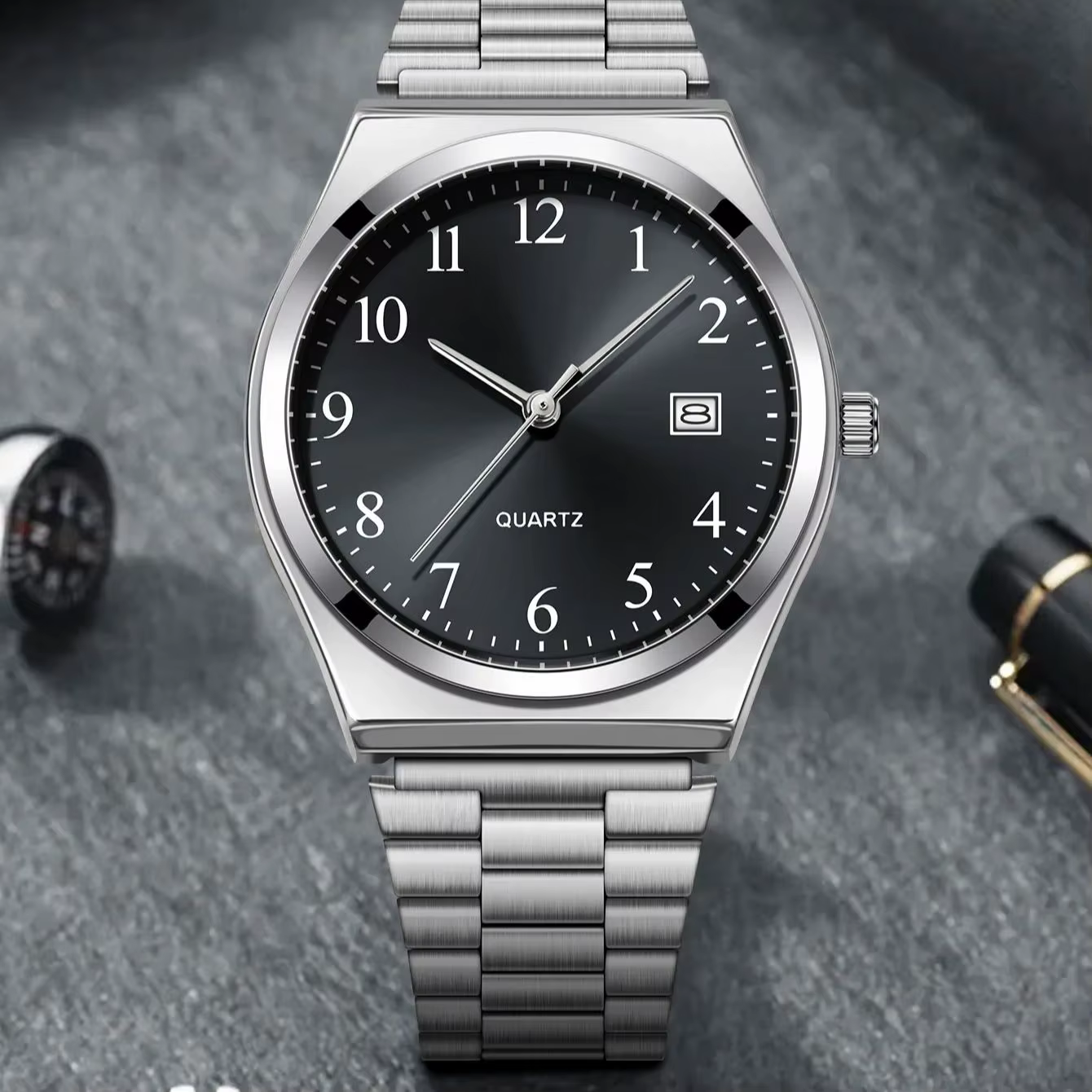 LUCKY FOX – Montre-bracelet élégante et minimaliste en acier inoxydable avec cadran noir – Cronométrage précis pour tous les jours