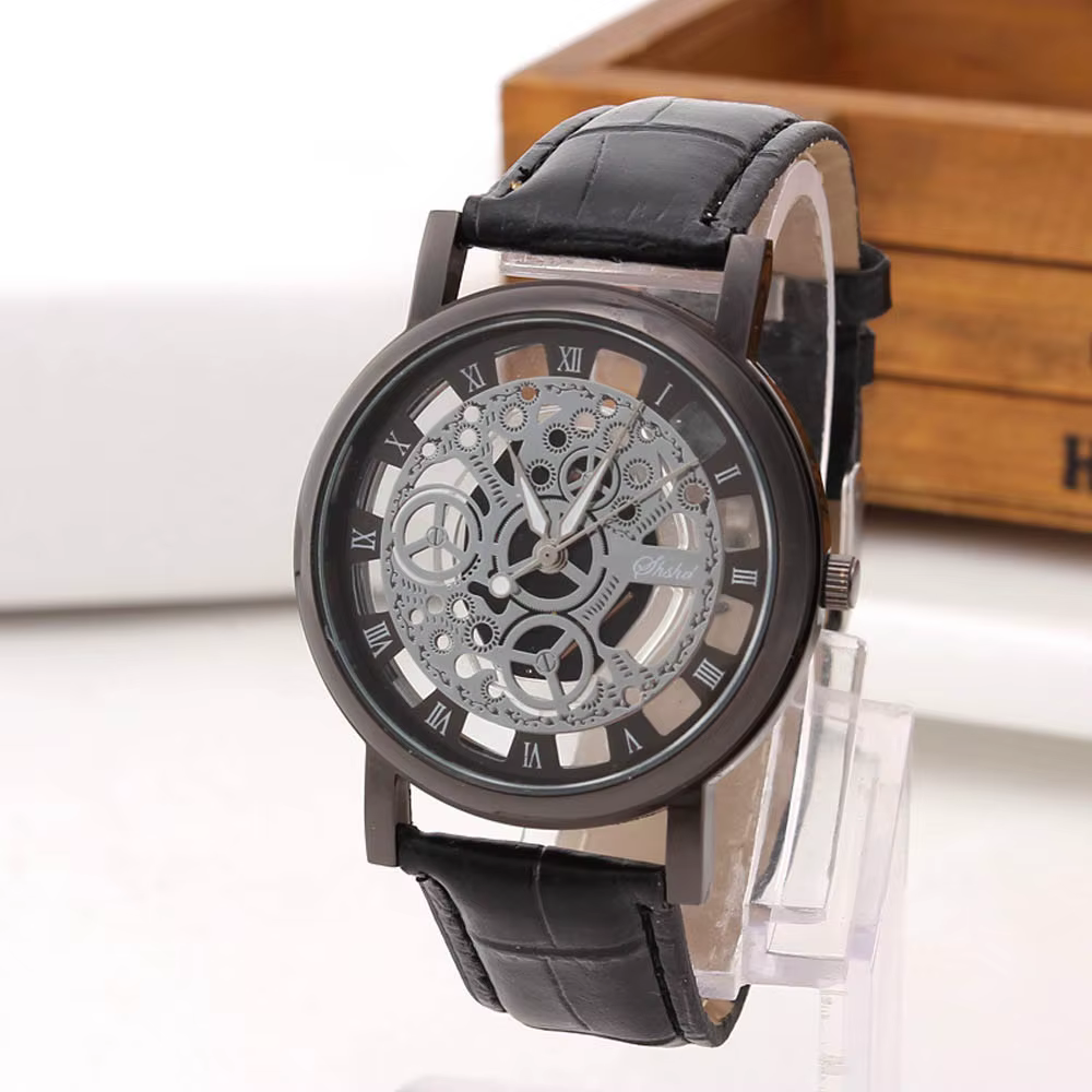 Mode squelette hommes montres Quartz Bracelet en cuir