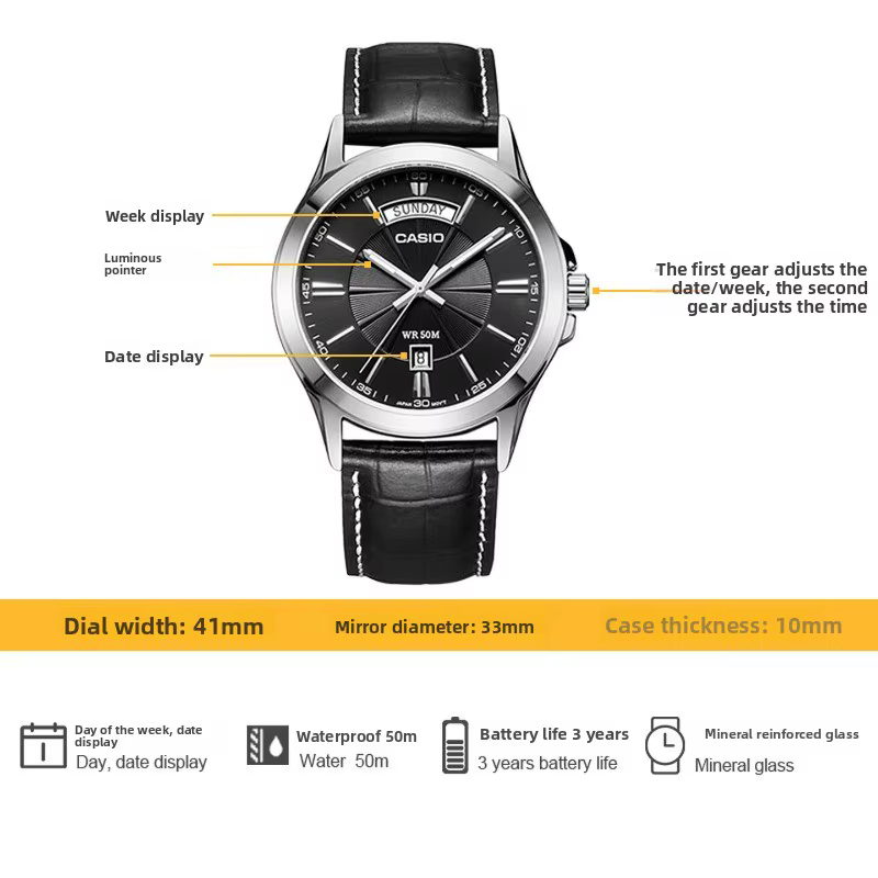 Montre à quartz classique Casio MTP-1381L-1A/7A avec affichage de la date et du jour