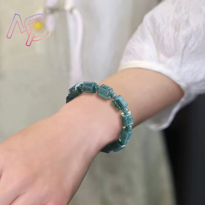 Bracelet en jadéite naturelle du Myanmar de qualité supérieure avec mantra à six syllabes, perles de jade véritable, talisman, cadeau de mode pour femmes