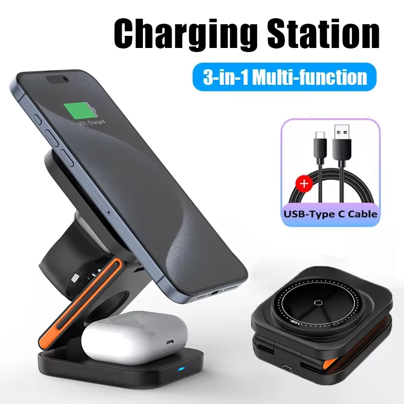 Station de charge pliable 3-en-1 avec support de chargeur sans fil magnétique rapide pour iPhone 17 16 15 14 13 12