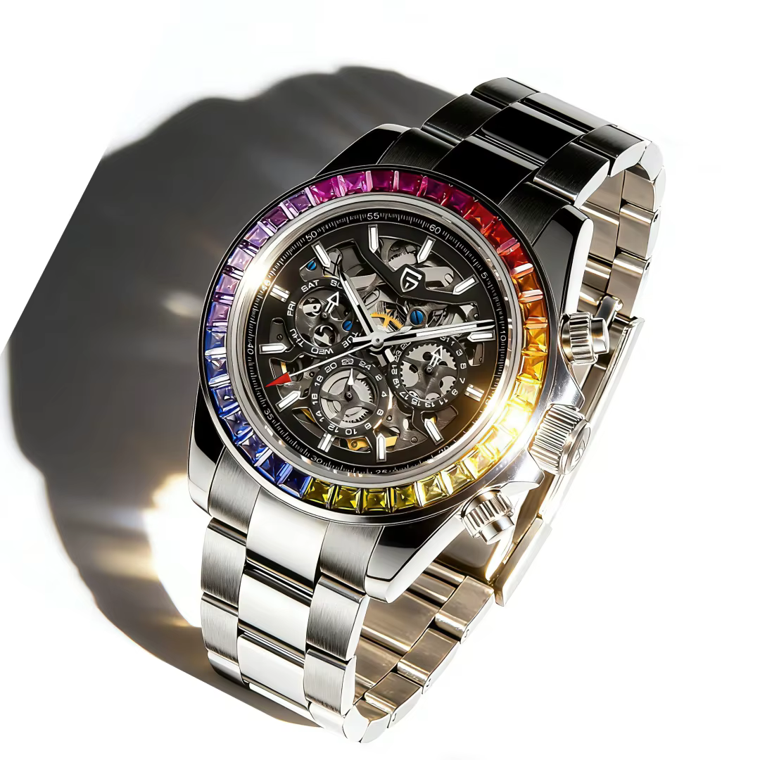 Montre mécanique automatique pour homme PAGANI DESIGN avec lunette sertie de pierres précieuses colorées