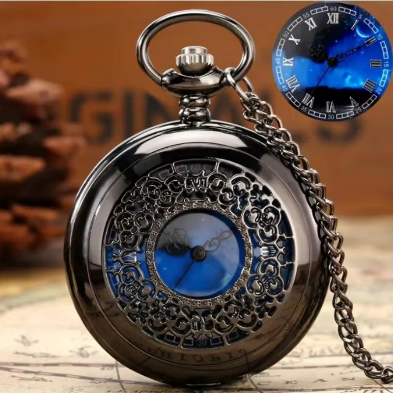 Montre de poche à Quartz creuse noire et argentée