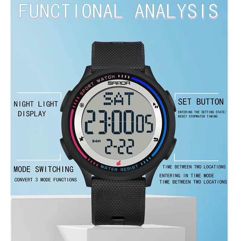 SANDA montre pour hommes fonctions multiples Sports de plein air chronomètre étanche mouvement numérique LED