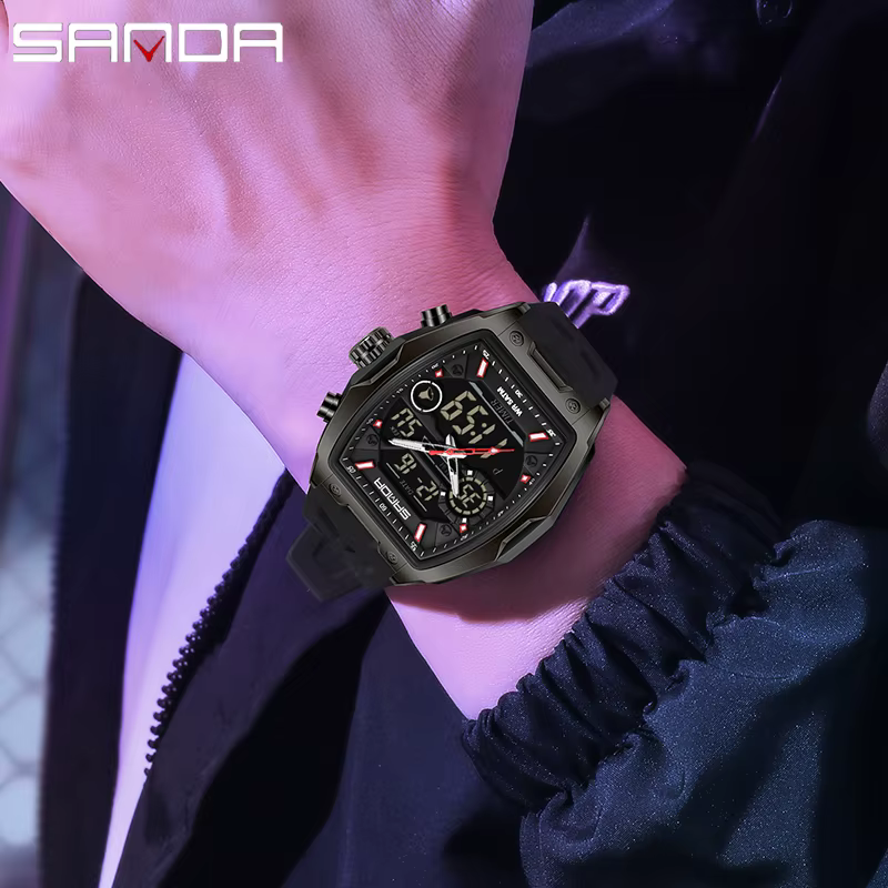 SANDA double affichage montre électronique baril grand cadran sport LED analogique numérique chronographe militaire montre-bracelet relogio masculino