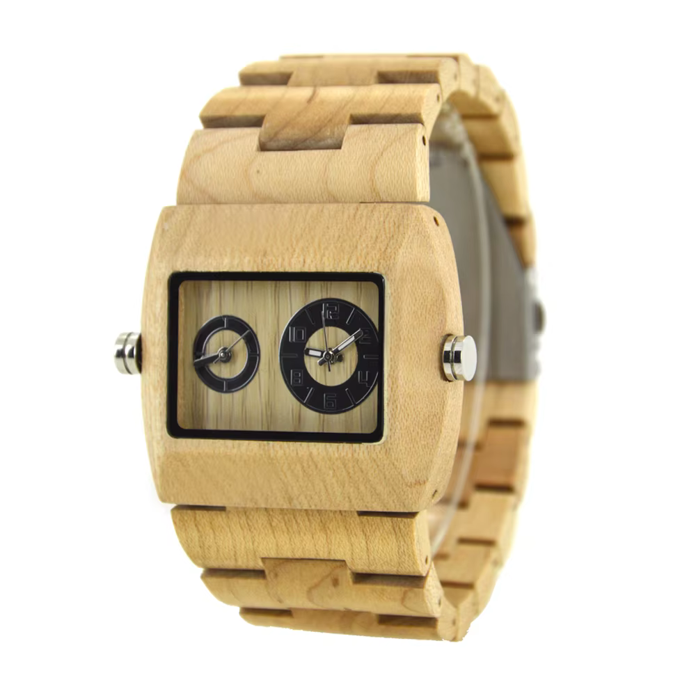 Montre Bracelet Homme en Bois Cadran Carré Rectangulaire Double Affichage Heure Quartz Style Professionnel Décontracté