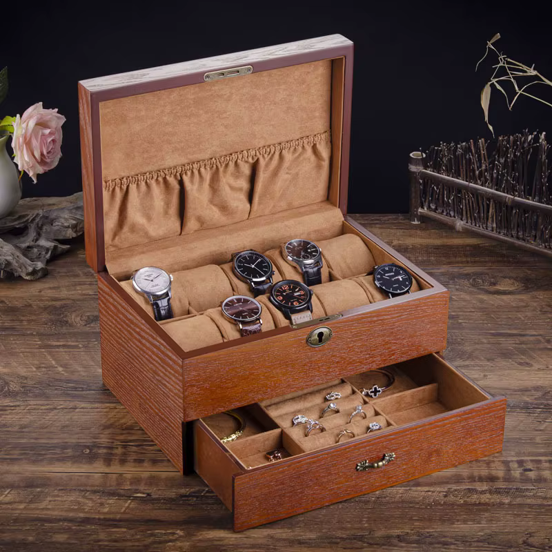 Boîte de montre en bois massif avec anneau de verrouillage