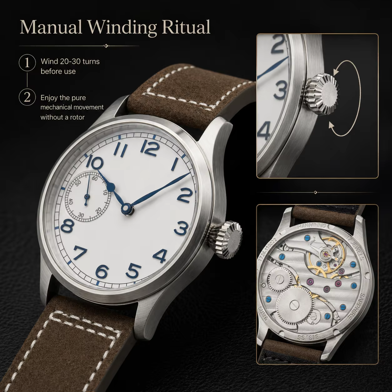 Montre pilote Corgeut 42 mm pour homme, mécanique à remontage manuel ST3600, saphir, bracelet en cuir