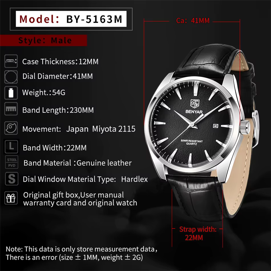 Benyar 5163 Top marque de luxe montres militaires en cuir