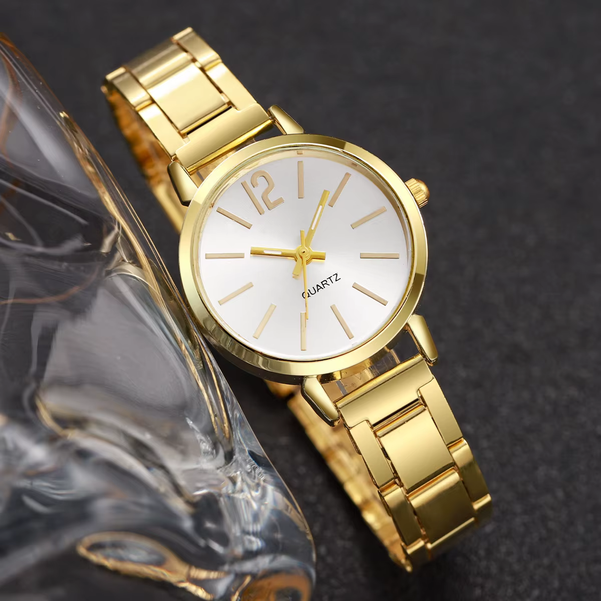2 pièces montre pour femme mode or acier bande Quartz montre-Bracelet ouverture manchette Bracelet ensemble