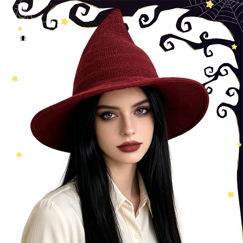 Chapeau de sorcière d'Halloween tricoté à pointe pour femme, accessoire de costume à large bord en polyester doux et chaud, idéal pour cosplay, fête, style gothique, bordeaux