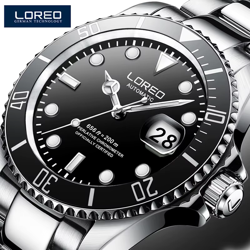 LOREO Style classique plongée 200m montre de Sport automatique hommes saphir miroir mouette mouvement Date lumineux montres mécaniques