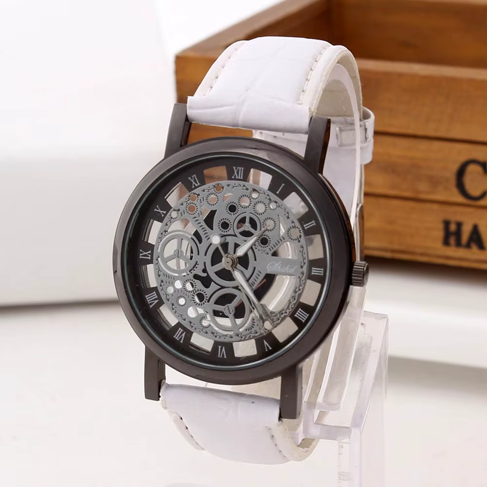 Mode squelette hommes montres Quartz Bracelet en cuir